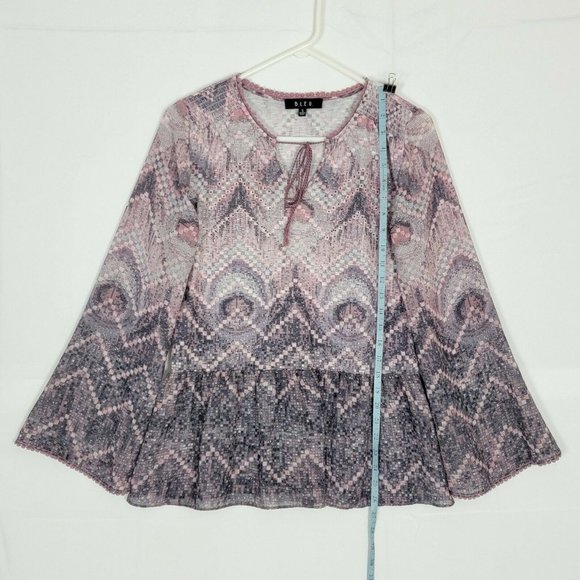 BLEU Top Womens S Pink Gray Long Bell Sleeve Boho Peasant Blouse Rhinestones - Picture 7 of 12